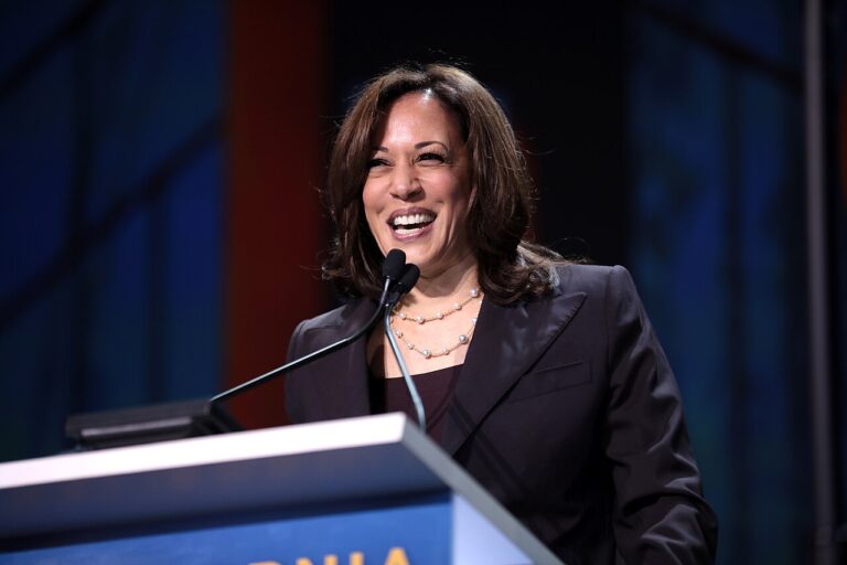 Vice President Kamala Harris speaks at a podium